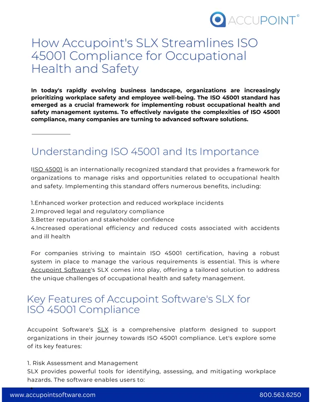 ISO 45001 standard for workplace safety and employee well-being, highlighting the role of advanced software solutions in ensuring effective occupational health and safety management compliance.