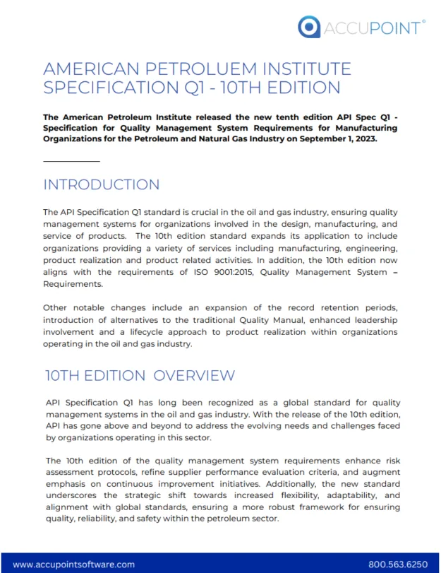API Specification Q1 standard for quality management systems in the oil and gas industry, covering design, manufacturing, engineering, and service of products in the 10th edition.