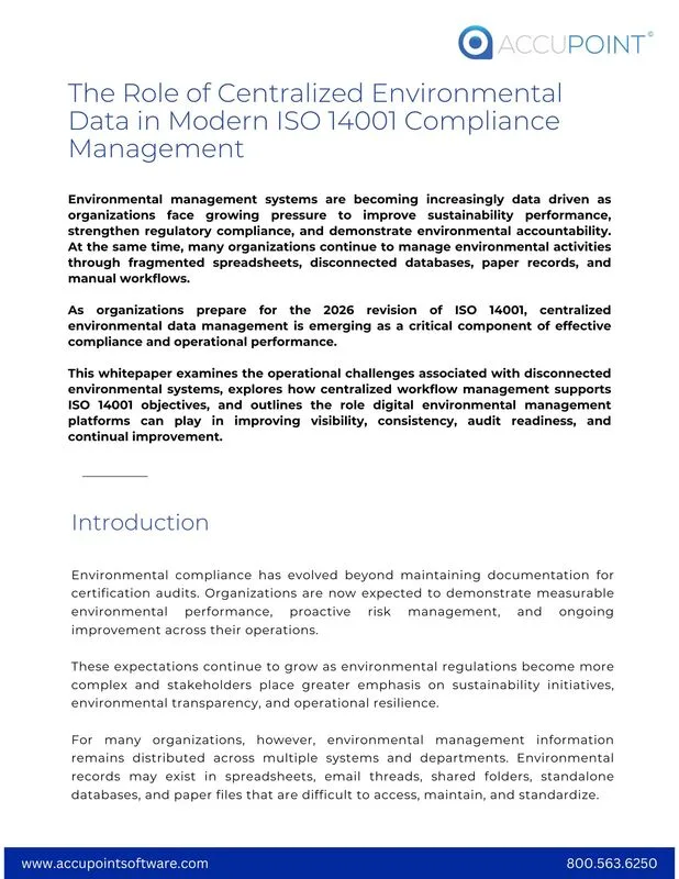 Centralized environmental data supporting sustainability metrics, emissions analytics, and regulatory compliance, enabling data-driven environmental management and ISO 14001:2026 readiness.