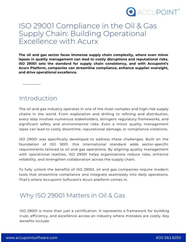 Oil and gas supply chain compliance with ISO 29001 using Acurx software