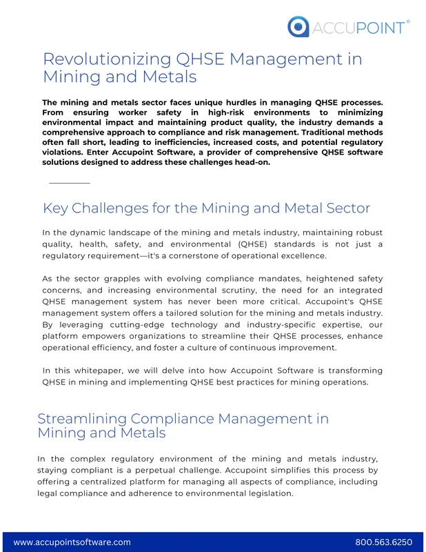 QHSE management challenges in the mining and metals sector, highlighting Accupoint Software's solutions for enhancing safety, compliance, risk management, and operational efficiency.