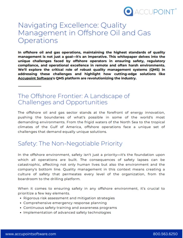 Whitepaper on overcoming offshore safety, compliance, and operational challenges using Quality Management Systems (QMS), highlighting the impact of Accupoint's QMS platform solutions.