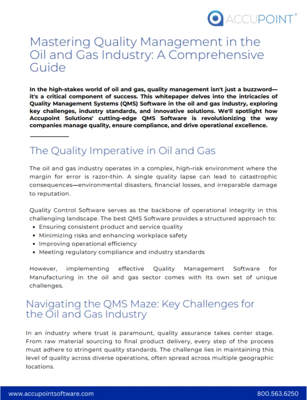 Whitepaper on Quality Management Systems (QMS) Software in the oil and gas industry, highlighting challenges, industry standards, and how Accupoint Solutions' QMS Software enhances quality management, compliance, and operational excellence.